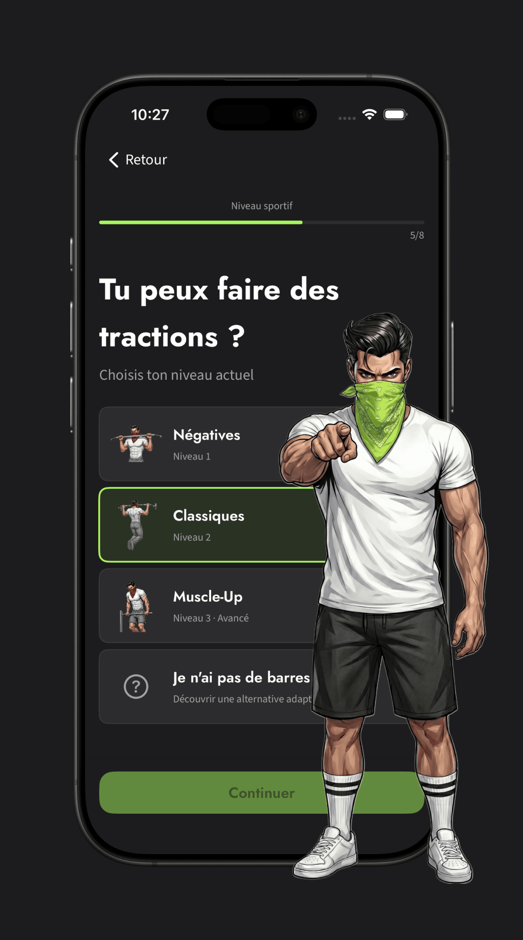 Calisthenics Corner app on iPhone: onboarding screen asking about your pull-up level, with the mascot in the green bandana