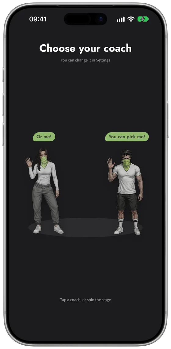 Choose your coach screen in the Calisthenics Corner app: a female and a male coach side by side, changeable later in Settings