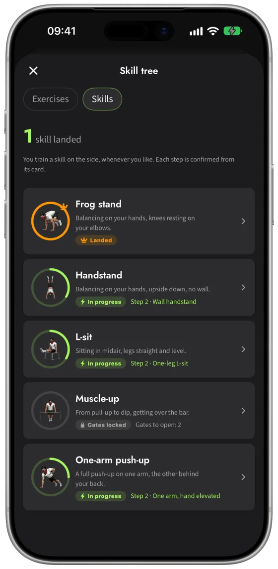 Skills tab in Calisthenics Corner: frog stand, handstand, L-sit, muscle-up and one-arm push-up, with the current step of each