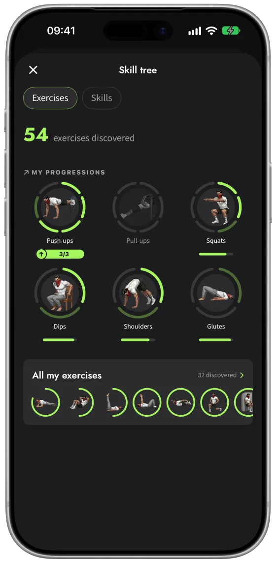 Exercise tree in Calisthenics Corner: 57 exercises discovered, progressions for push-ups, pull-ups, squats, dips, shoulders and glutes