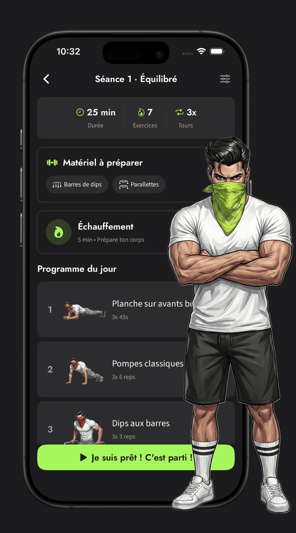 The Calisthenics Corner app on iPhone, next to the mascot in the green bandana