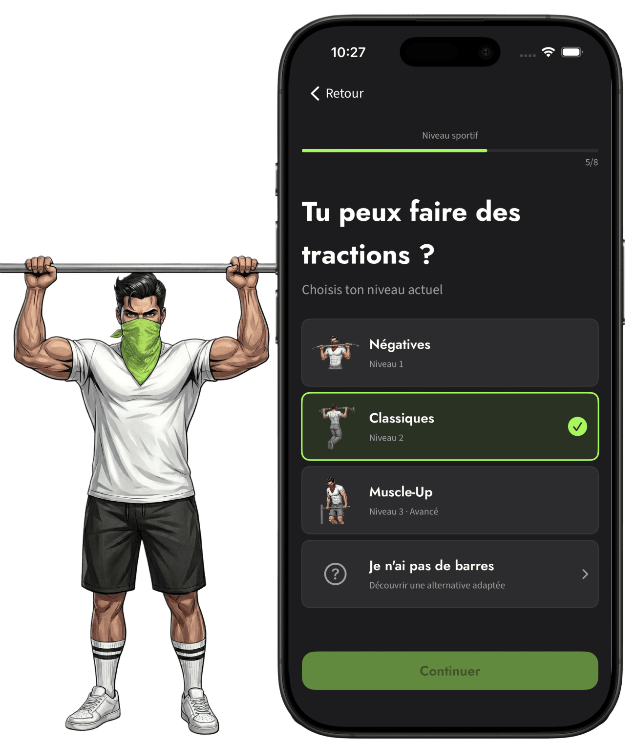 Calisthenics character doing a pull-up next to the Calisthenics Corner app onboarding screen