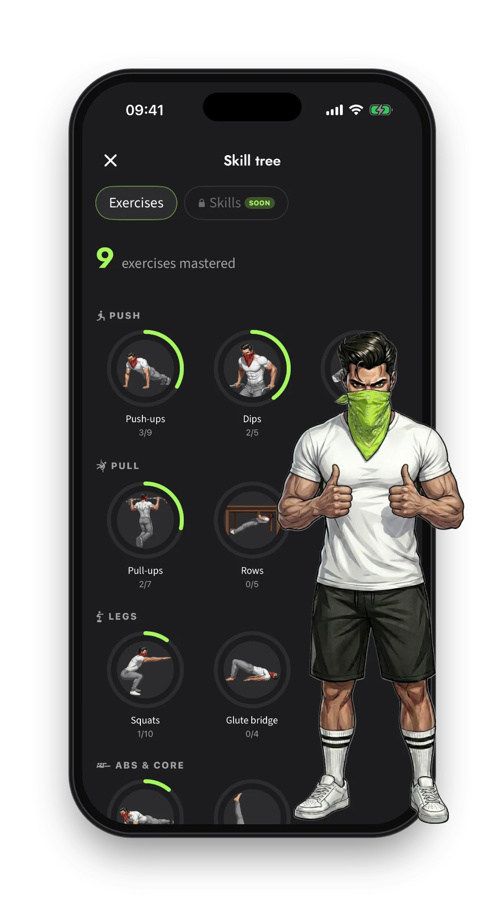The skill tree of the Calisthenics Corner app on iPhone, showing mastered exercises, with the coach giving two thumbs up