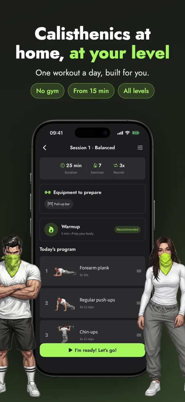 Calisthenics at home, at your level: today's session in the app, with warm-up and exercises
