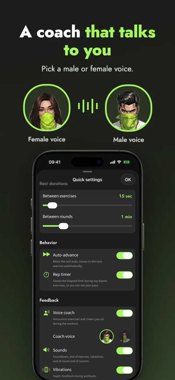A coach that talks to you: pick a male or a female voice