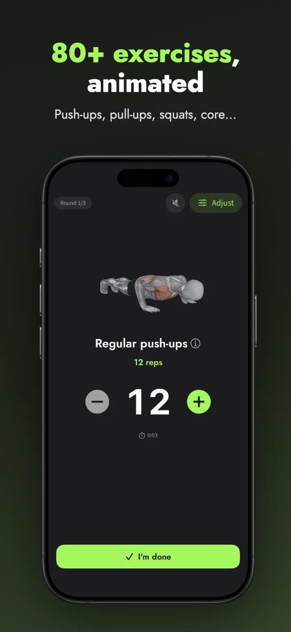 More than 80 animated exercises: push-ups, pull-ups, squats, core