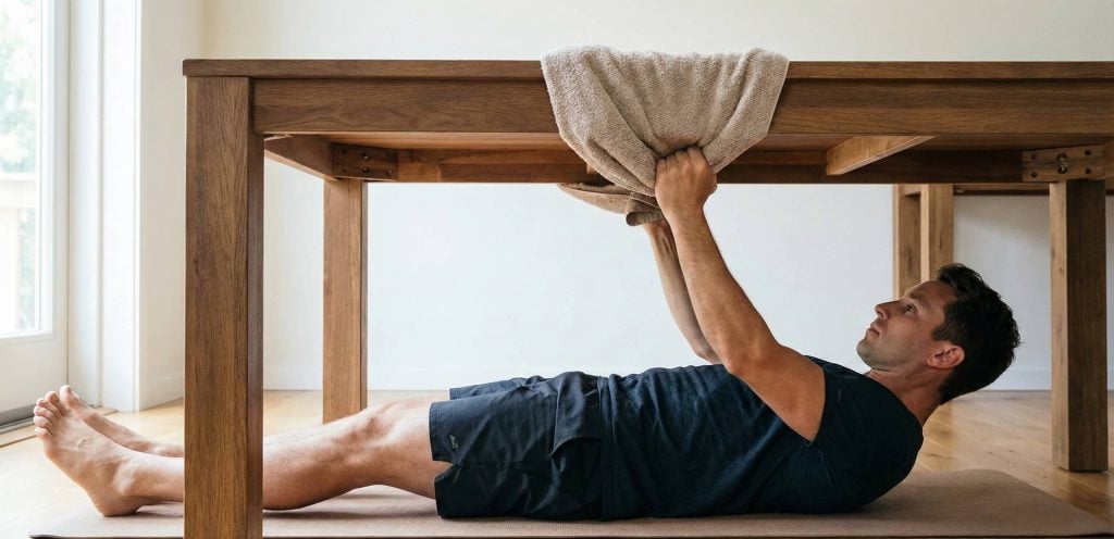 Inverted row under a table: lying on the floor, legs straight, hands gripping a towel folded over the edge of the tabletop
